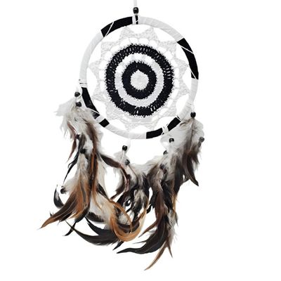 6.5&quot; Dream Catcher - Crochet Black &amp; White with Beads &amp; Feathers, SKU U-176-DC-CR06, UPC 7003173859…
