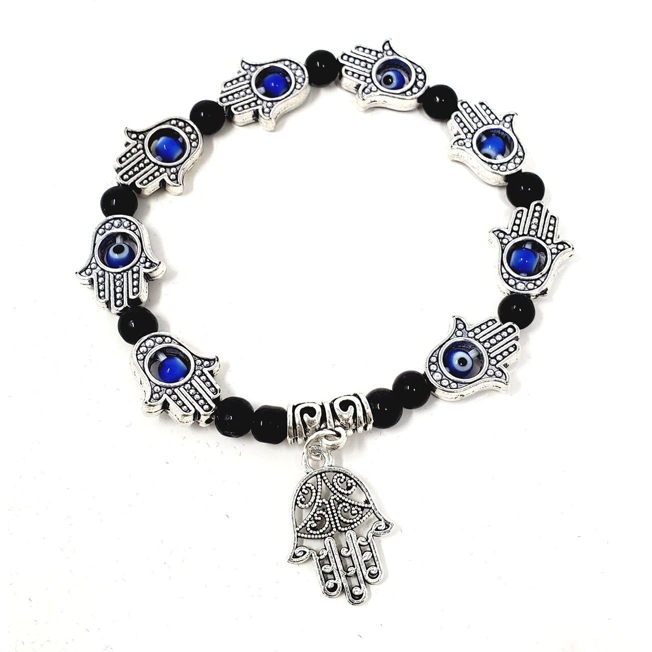 8 mm Elastic Bracelet Round Beads - Evil Eye with Hamsa Charms in Velvet Bag, SKU R036-BS88, UPC 70…