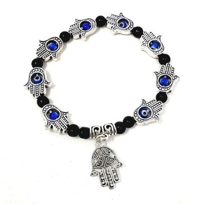 8 mm Elastic Bracelet Round Beads - Evil Eye with Hamsa Charms in Velvet Bag, SKU R036-BS88, UPC 70…