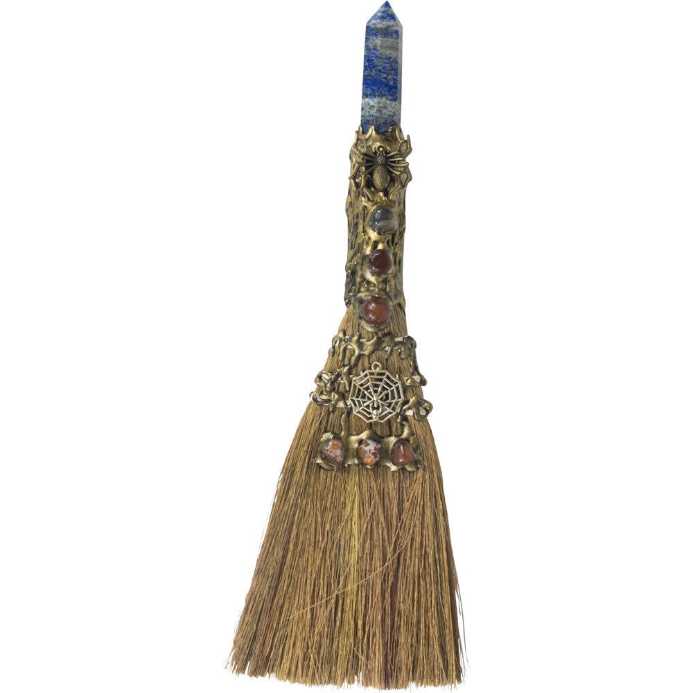 13&quot; Wicca Gemstone Broom - Lapis with Gold Spider, SKU KH-27358, UPC 700317355571