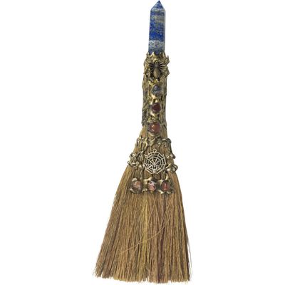 13&quot; Wicca Gemstone Broom - Lapis with Gold Spider, SKU KH-27358, UPC 700317355571