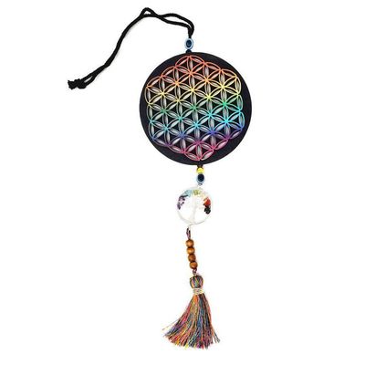 11&quot; Hanging Wooden Flower of Life Tree of Life Charm with Chakra Gems and Evil Eye, SKU S08-60-WH-J…
