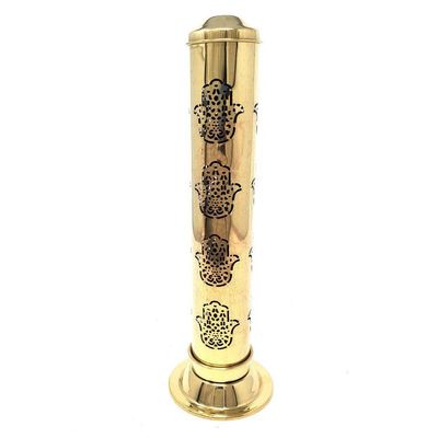 12&quot; Hamsa Hand Carved Brass Tower Incense Burner, SKU I08-807BR-E, UPC 700317372202