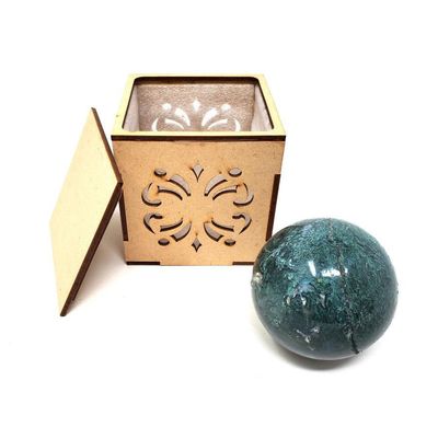 40-55 mm Gemstone Sphere with Box - Moss Agate, SKU Sphere-08, UPC 700317311379