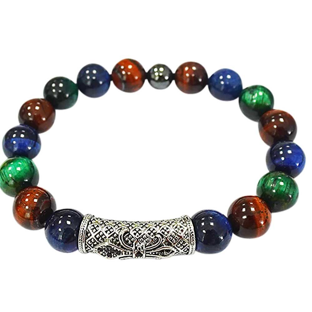 10 mm Elastic Bracelet Round Beads - Multi Color Tiger Eye with Fleur De Lis, SKU KH-98408, UPC 700…