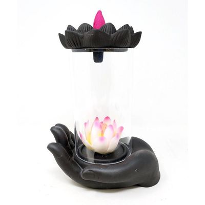 7.5&quot; Glass Covered Ceramic Lotus Backflow Cone Incense Burner, SKU C04-03-BFL-33, UPC 700317380788