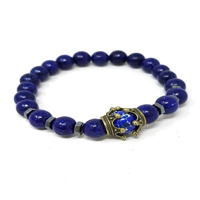 8 mm Elastic Bracelet - Lapis with Hematite &amp; Crown, SKU T00-Bracelet-04, UPC 700317381242