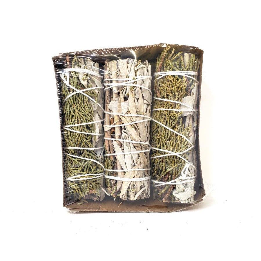 4&quot; Juniper &amp; White Sage Smudge Stick, SKU L02-04-MS1-JN3PK-1, UPC 700317378228