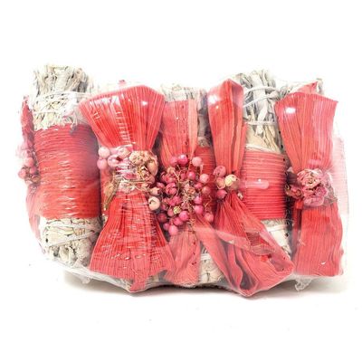 4&quot; Red Bow &amp; Schinus Molle Seeds &amp; White Sage Smudge Stick, SKU N01-03-MS1-N35-1, UPC 700317378303