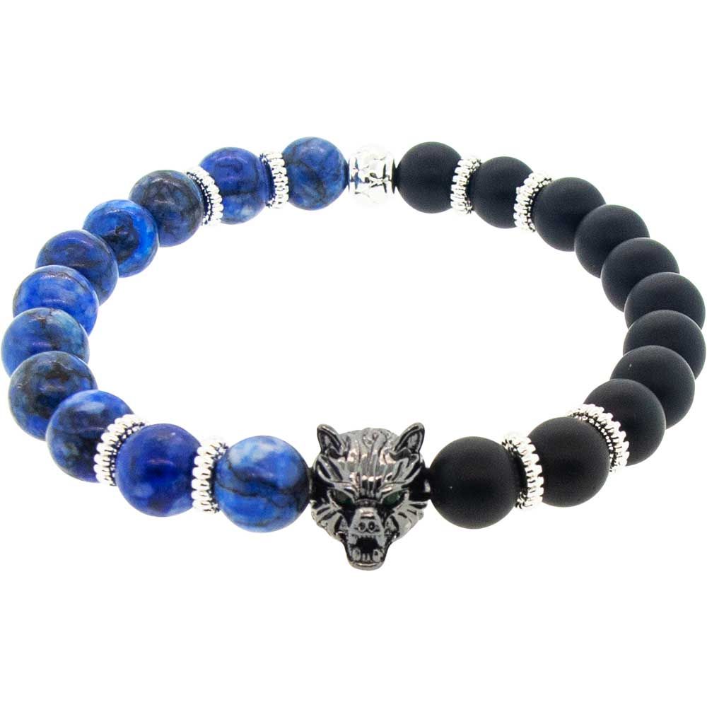 8 mm Elastic Bracelet Round Beads - Turquoise &amp; Matte Black Agate with Stainless Steel Bear, SKU KH…