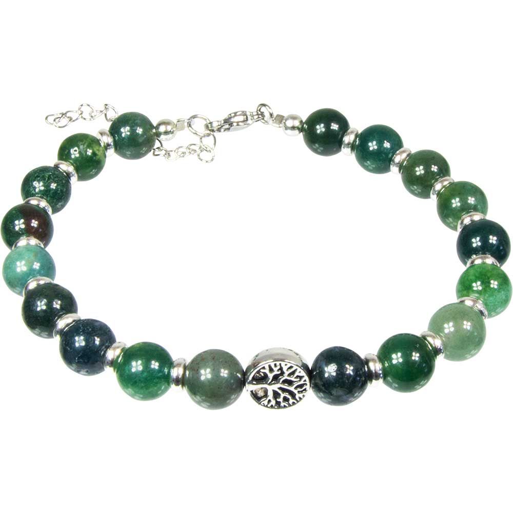 8 mm Adjustable Bracelet Round Beads - Moss Agate with Tree of Life &amp; Rondelles, SKU KH-98414, UPC …