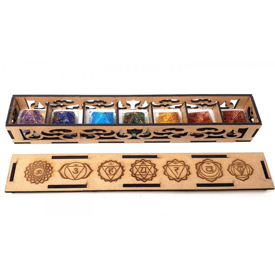 Chakra Orgone Gemstone Pyramid Set with Box (Set of 7), SKU U-025-P202, UPC 700317383130