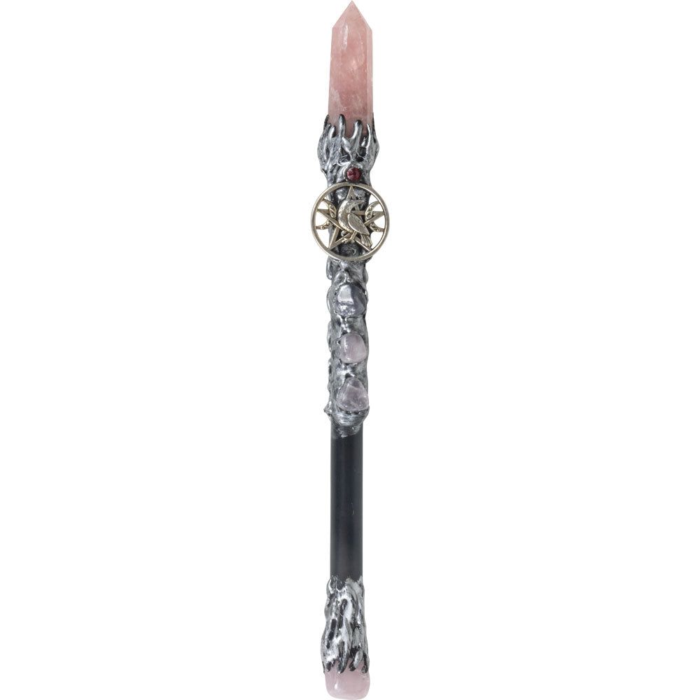 10&quot; Magick Wand - Rose Quartz Point with Silver Raven, SKU KH-69008, UPC 700317353041