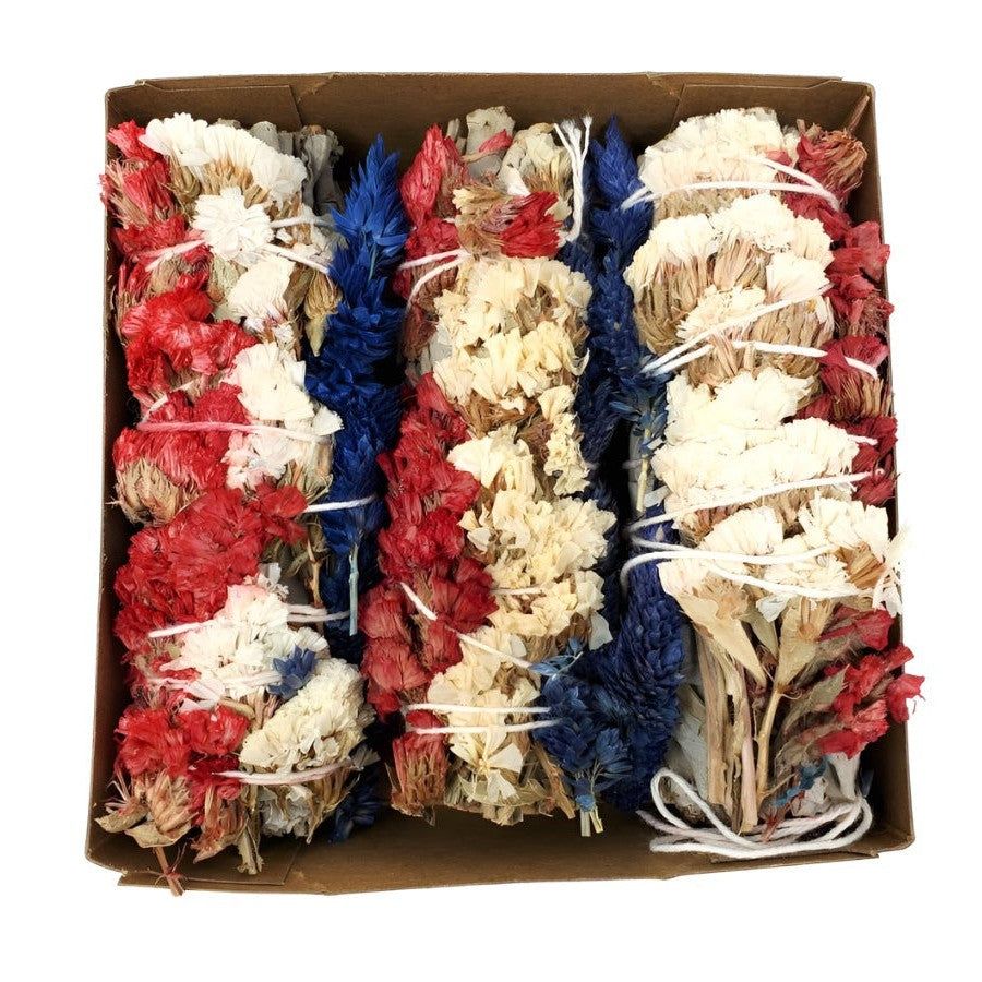 4&quot; White Sage, Red &amp; Blue Paper Flower Smudge Stick, SKU N01-13-ms1-n32-1, UPC 700317378259