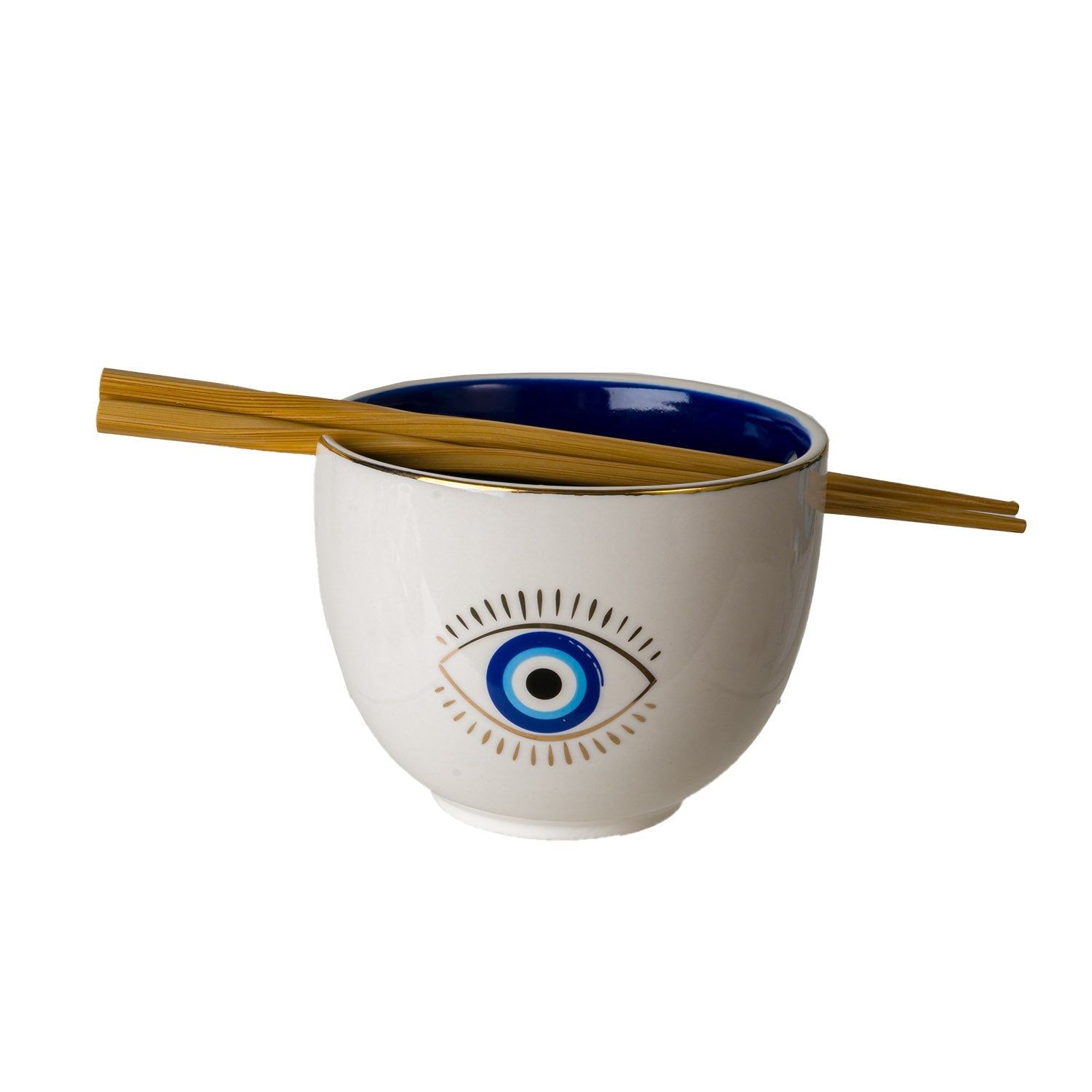 5&quot; Evil Eye White Ceramic Bowl with Chopsticks (18 oz), SKU PG-15900, UPC 700317394723