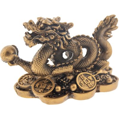 3.25&quot; Polyresin Feng Shui Figurine Money Dragon - Gold, SKU KH-33493, UPC 700317357605