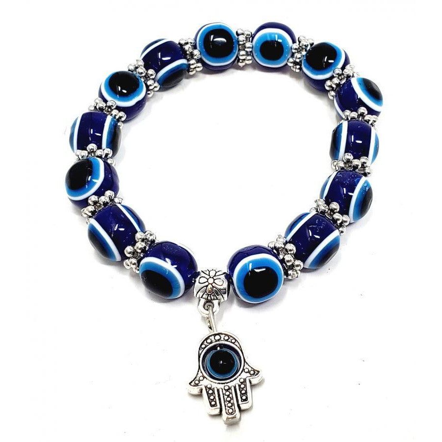 8 mm Elastic Bracelet Round Beads - Evil Eye with Hamsa Hand Charm, SKU QQ078-TKE-14, UPC 700317384…