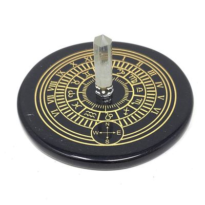 3&quot; Black Agate Sun Clock Gold Printed Altar Tile with Crystal Quartz, SKU COAST-14, UPC 700317301219