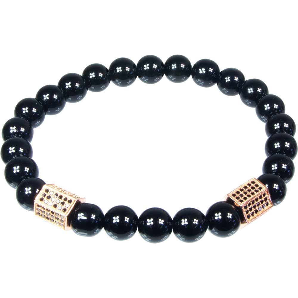 8 mm Elastic Bracelet Round Beads - Black Agate with Brass Accent, SKU KH-98402, UPC 700317418580