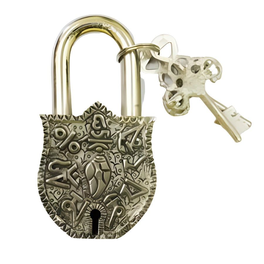 4&quot; Antique Om Mani Silver Brass Lock with Keys, SKU G06-047-LK7, UPC 700317383987