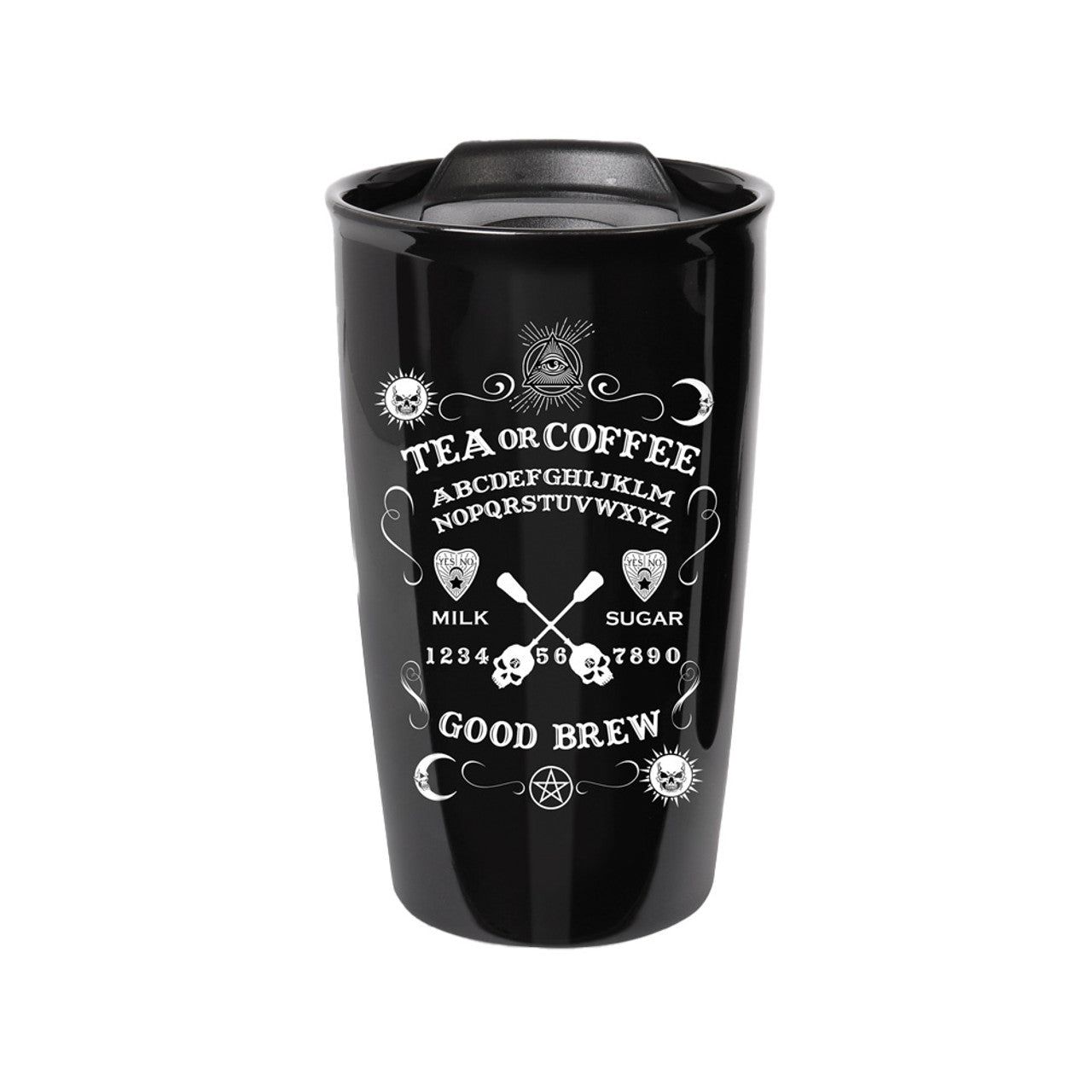 12 oz Black Ceramic Travel Mug - Ouija, SKU PG-16068, UPC 700317398677