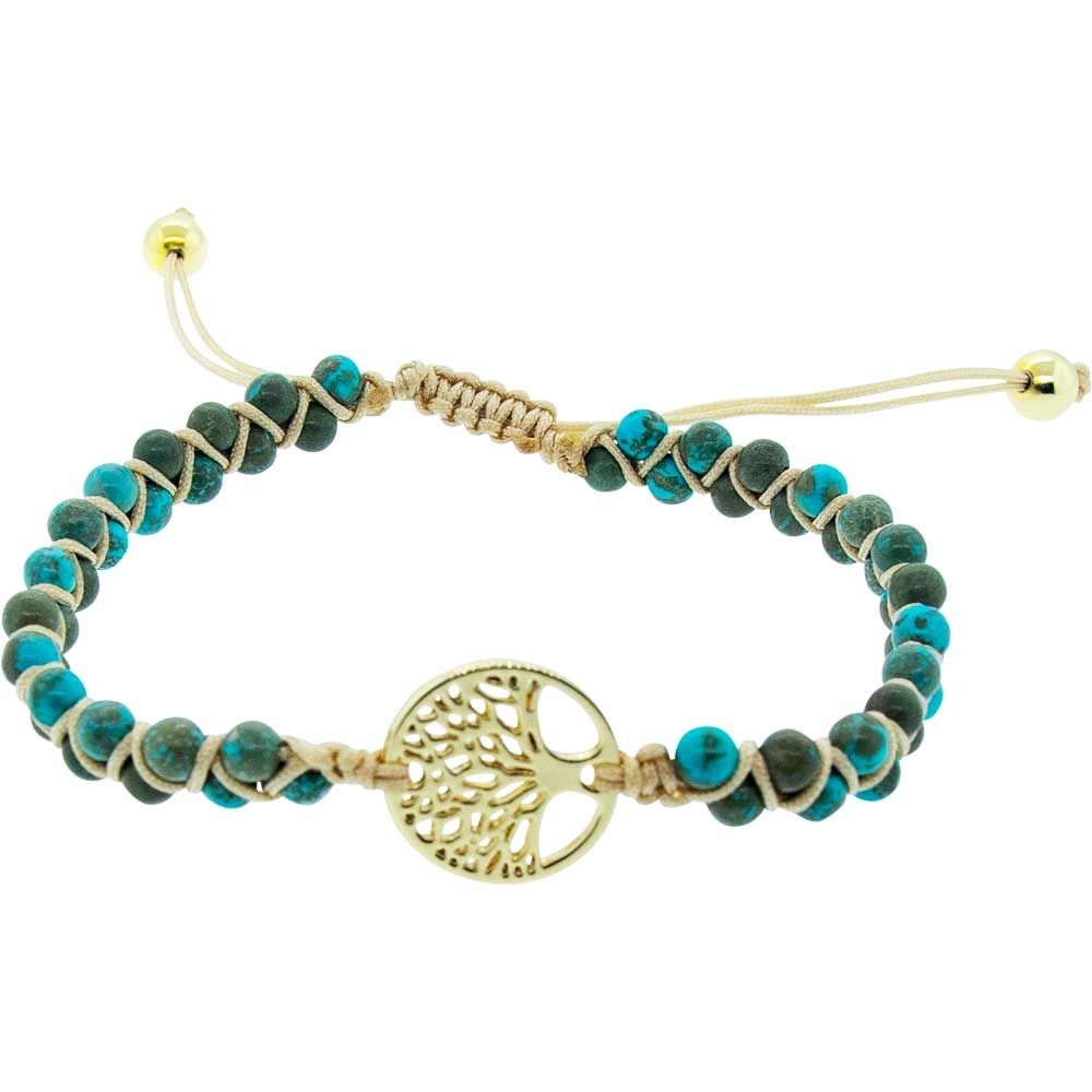4 mm Adjustable Weave Round Bead Double Row Bracelet - African Turquoise with Tree of Life, SKU KH-…
