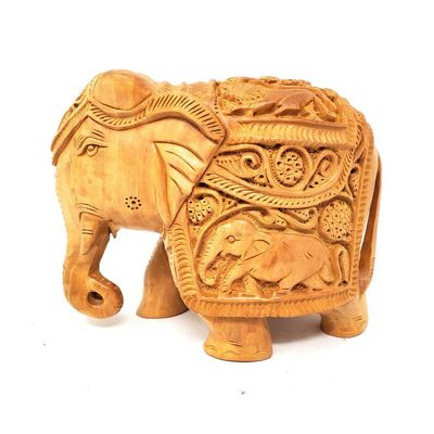 6.5&quot; Elephant Hand Carved Wood Statue, SKU KWS-04, UPC 700317303732