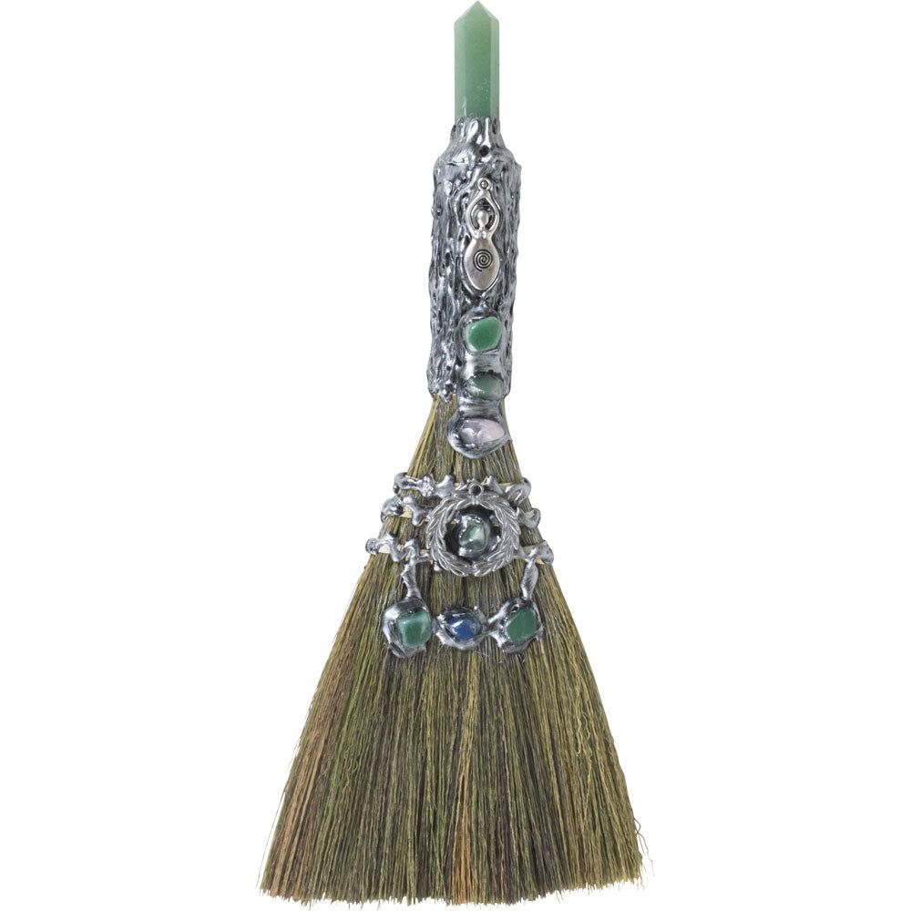13&quot; Wicca Gemstone Broom - Green Aventurine with Silver Spiral Goddess, SKU KH-27361, UPC 700317353…