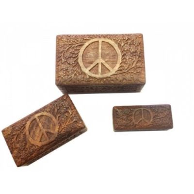 Peace Carved Wooden Box Set of 3 (8&quot;, 6.5&quot;, 5.5&quot; inch), SKU G05-WBX97, UPC 700317314417