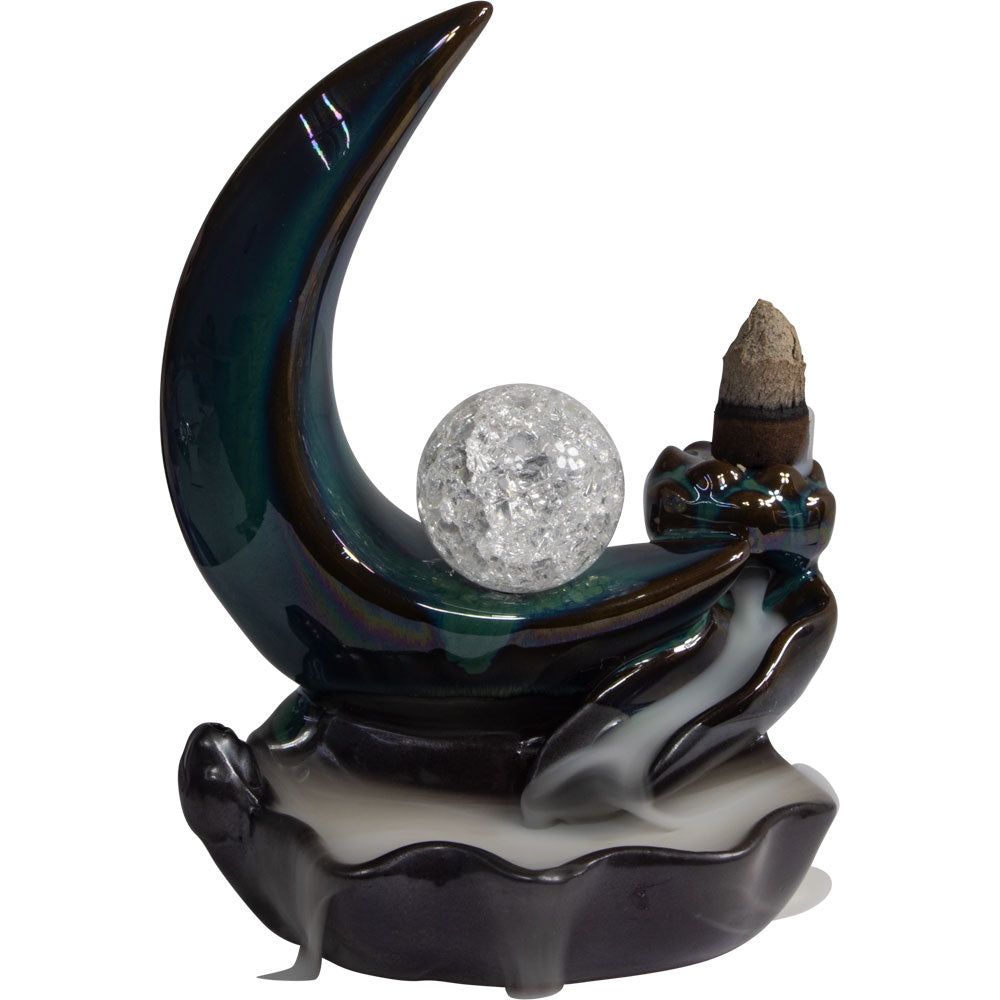 5.5&quot; Ceramic Backflow Incense Burner - Crescent Moon with Sphere, SKU KH-89740, UPC 700317306016