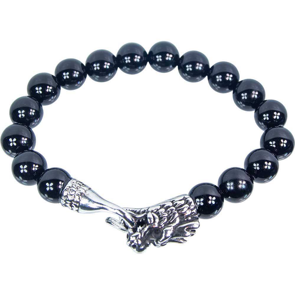 10 mm Elastic Bracelet Round Beads - Black Onyx with Stainless Steel Dragon Head Clasp, SKU KH-9840…