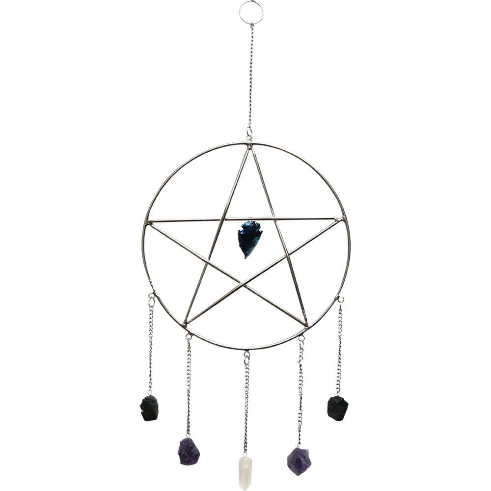 36&quot; Antique Metal Wall Hanging - Pentacle with Crystal Point &amp; Gemstones, SKU KH-31324, UPC 7003174…