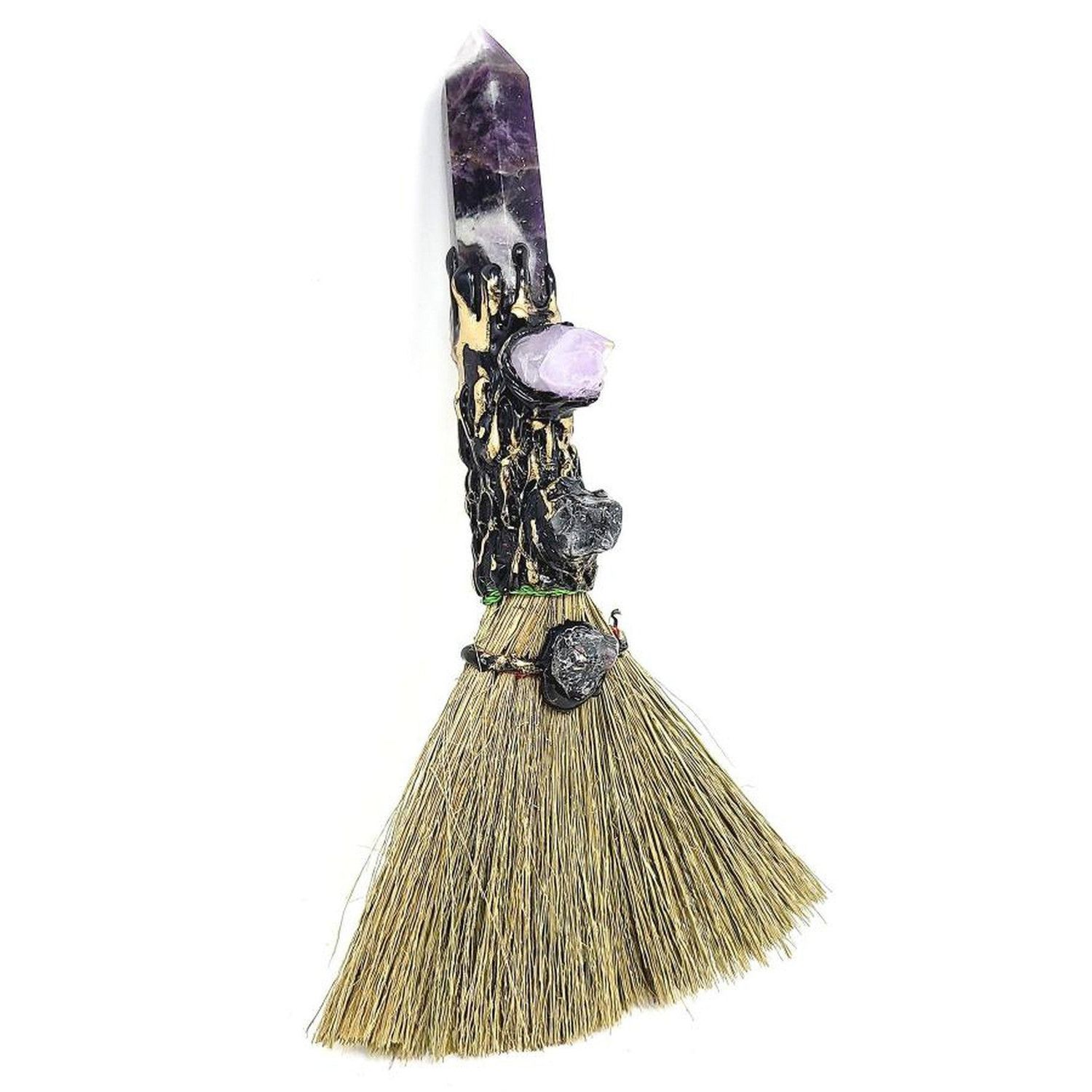 8&quot; Wicca Gemstone Broom - Amethyst with Multi Stones, SKU T00-BRM-006, UPC 700317381396