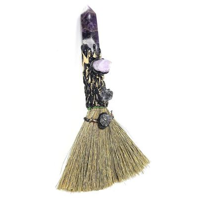 8&quot; Wicca Gemstone Broom - Amethyst with Multi Stones, SKU T00-BRM-006, UPC 700317381396