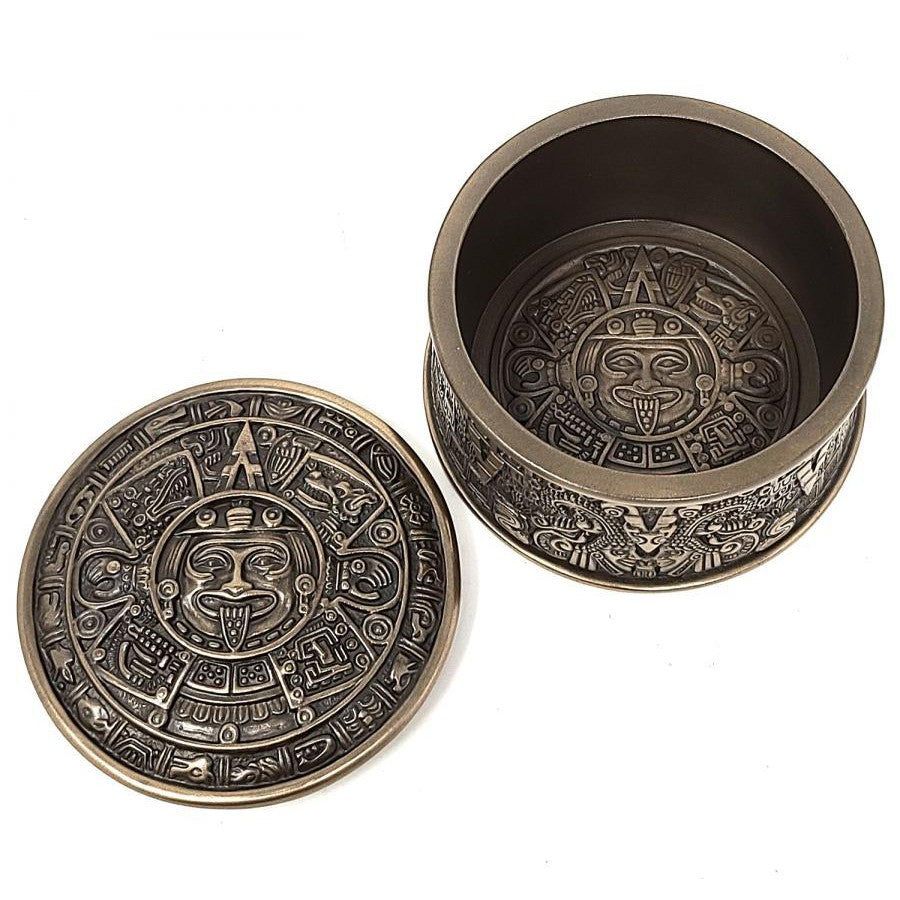 3.75&quot; Aztec Sun Stone Round Trinket Display Box, SKU 77886A1, UPC 700317382874