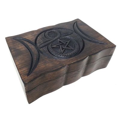 9&quot; x 6&quot; Pentagram Cobra Carved Wood Box, SKU B92, UPC 700317301783
