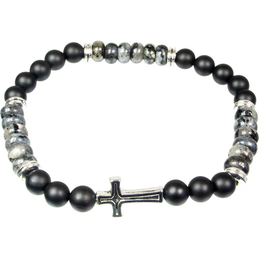 6 mm Elastic Bracelet Round Beads - Black Agate &amp; Labradorite with Cross, SKU KH-98419, UPC 7003173…