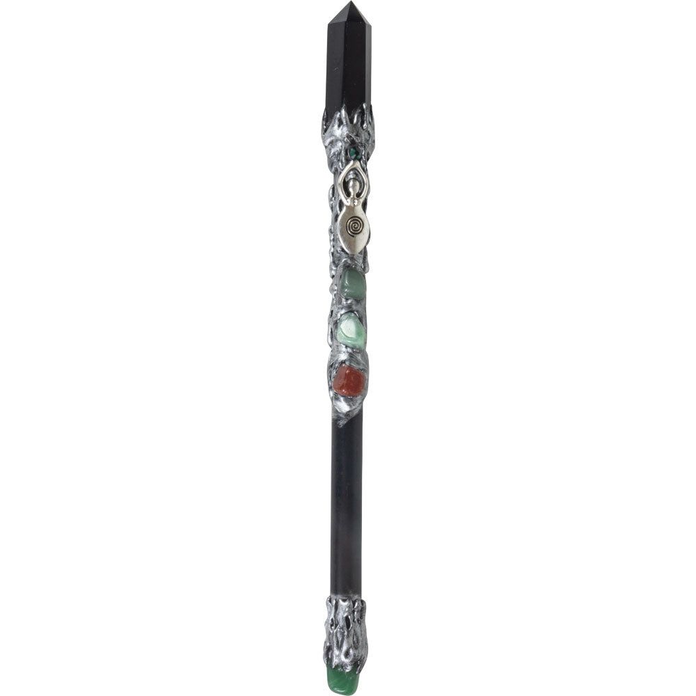 10&quot; Magick Wand - Black Obsidian Point with Silver Spiral Goddess, SKU KH-69010, UPC 700317353027
