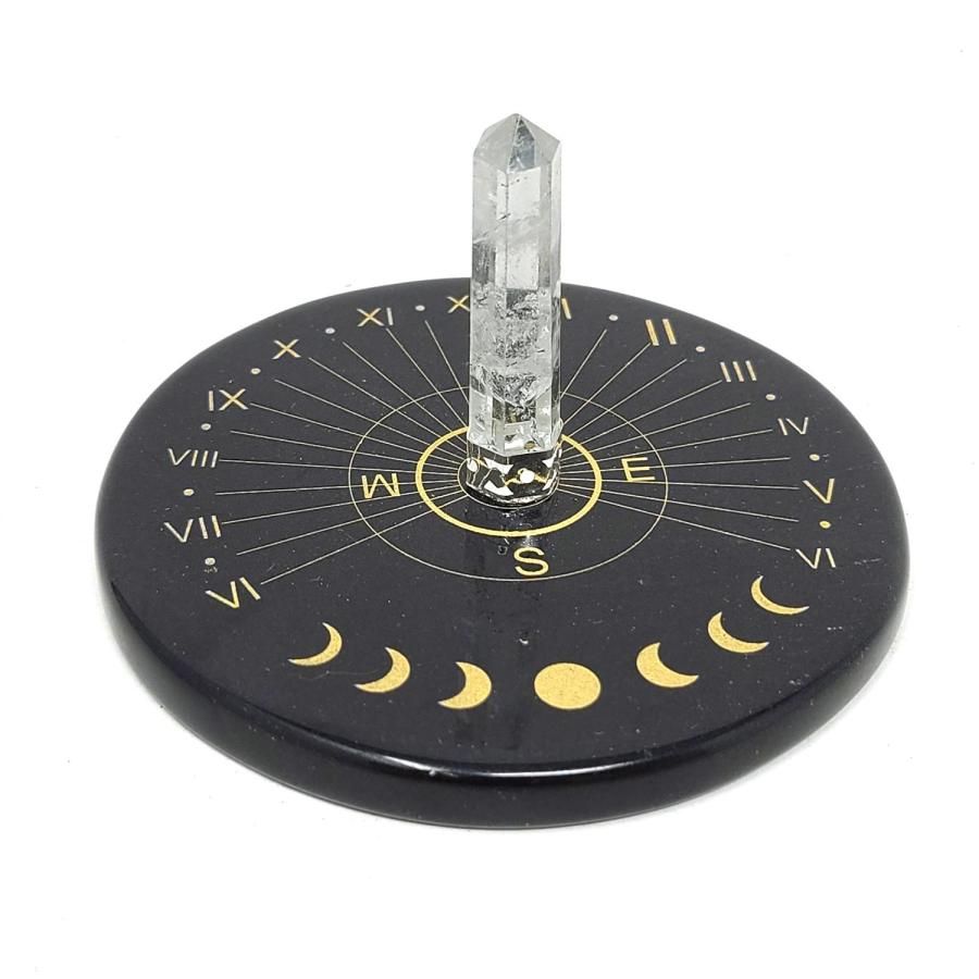 3&quot; Black Agate Moon Phase Sun Clock Gold Printed Altar Tile with Crystal Quartz, SKU COAST-13, UPC …