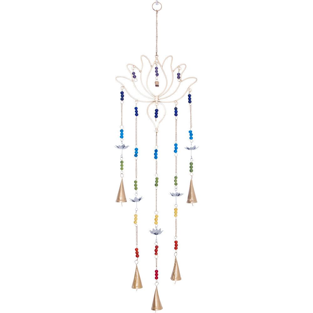 29&quot; Brass Bell Chime with Glass Chakra Beads - Lotus, SKU KH-31318, UPC 700317311874