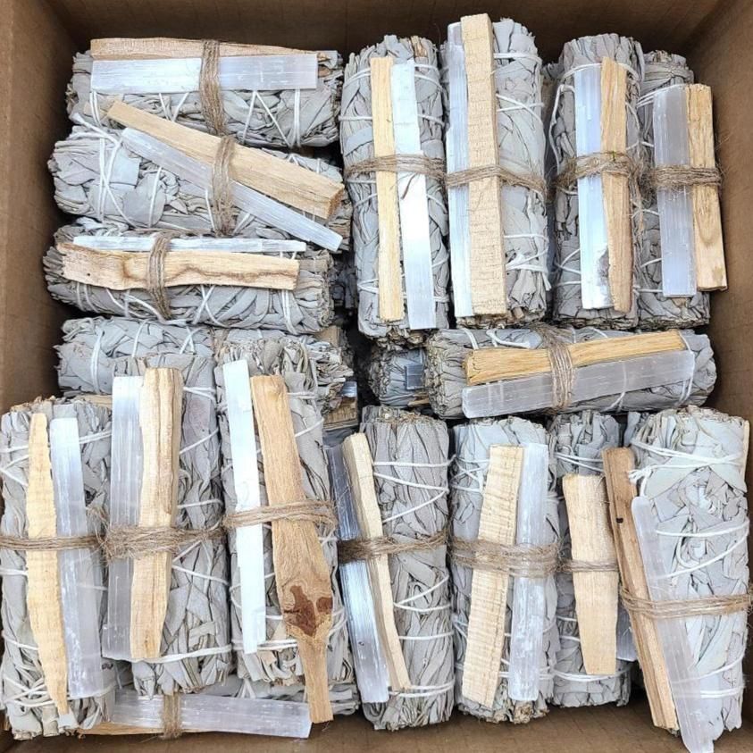 4&quot; White Sage &amp; Palo Santo with Selenite Crystal Smudge Stick, SKU MS1-N69-D25, UPC 700317397380