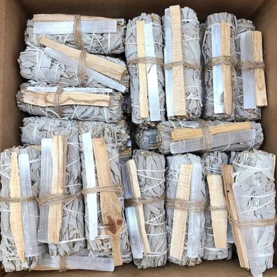 4&quot; White Sage &amp; Palo Santo with Selenite Crystal Smudge Stick, SKU MS1-N69-D25, UPC 700317397380