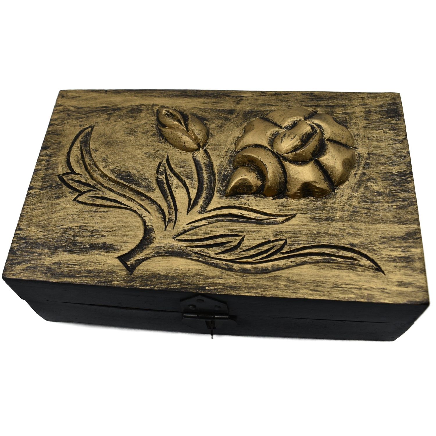 5&quot; x 8&quot; Golden Rose Carved Antique Finish Wood Box, SKU G07-30-M58F, UPC 700317383826