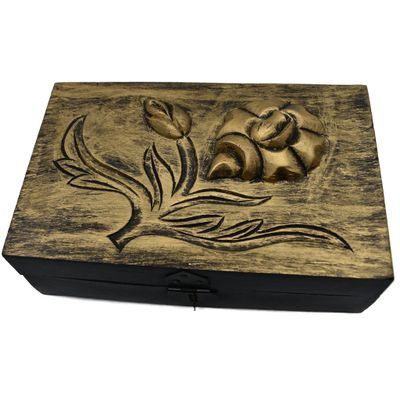 5&quot; x 8&quot; Golden Rose Carved Antique Finish Wood Box, SKU G07-30-M58F, UPC 700317383826