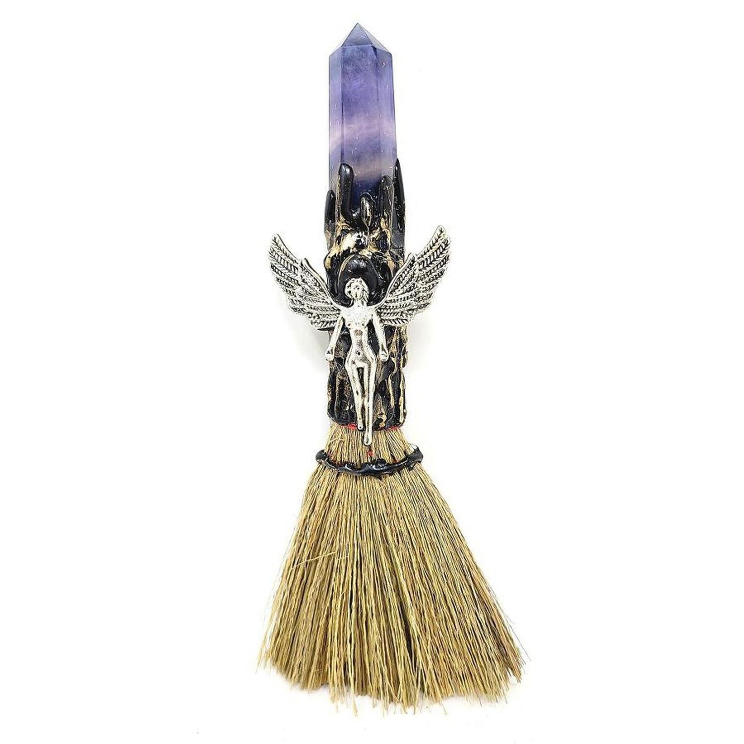 8&quot; Wicca Gemstone Broom - Amethyst with Silver Angel, SKU T00-BRM-004, UPC 700317381372