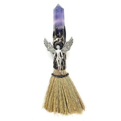 8&quot; Wicca Gemstone Broom - Amethyst with Silver Angel, SKU T00-BRM-004, UPC 700317381372