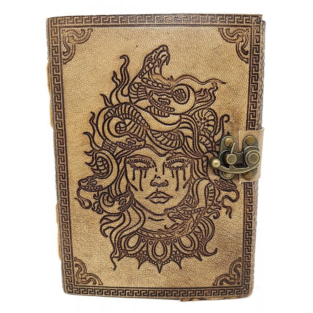 5&quot; x 7&quot; Medusa Embossed Leather Journal with Latch, SKU JB75-Medusa, UPC 700317301387