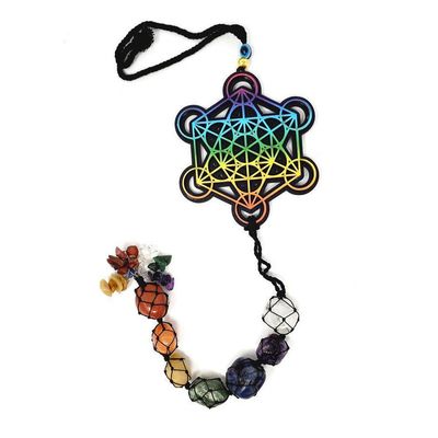 8&quot; Hanging Wooden Metatron Tie Dye with Chakra Tumbles Hanging Decor, SKU S08-59-WH-I, UPC 70031738…