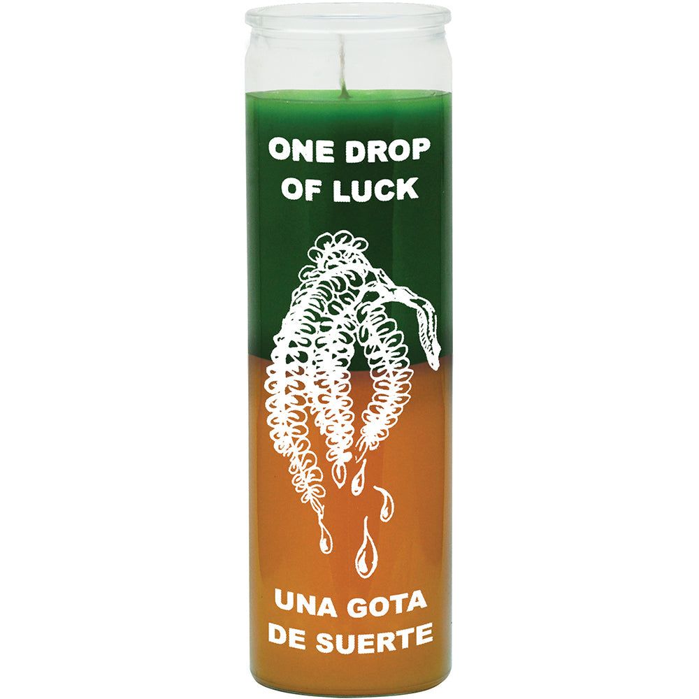 7 Day Glass Candle 2 Color One Drop of Luck - Green / Gold, SKU WP-576-665, UPC 700317392361