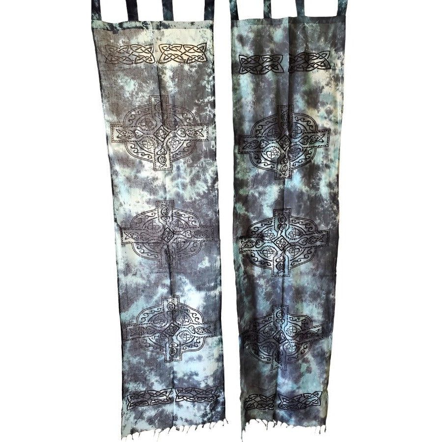 22&quot; x 72&quot; Celtic Cross Blue Tie Dye Cotton Curtain (Set of 2), SKU T04-21-SC80-Cross-Blue, UPC 7003…